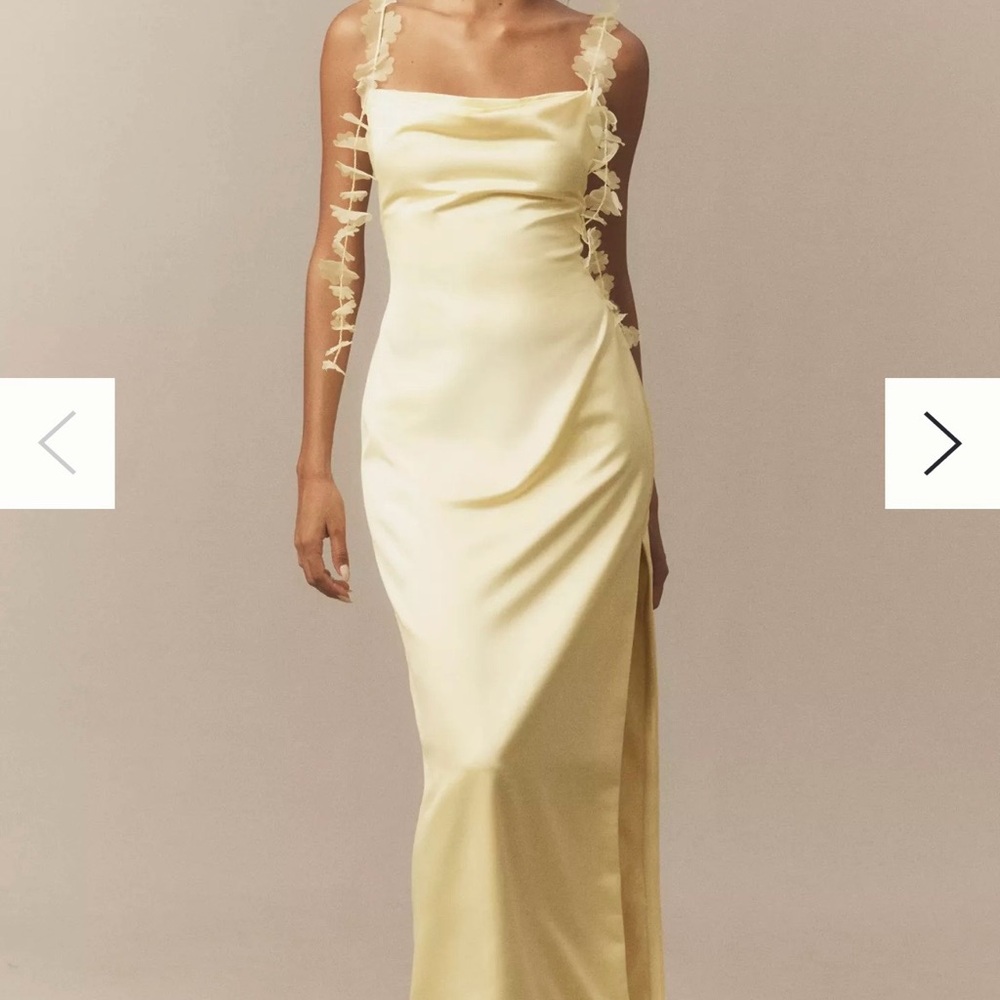 BHLDN Pale Yellow Satin Bias Slip Gown with Floral-Strap Accents